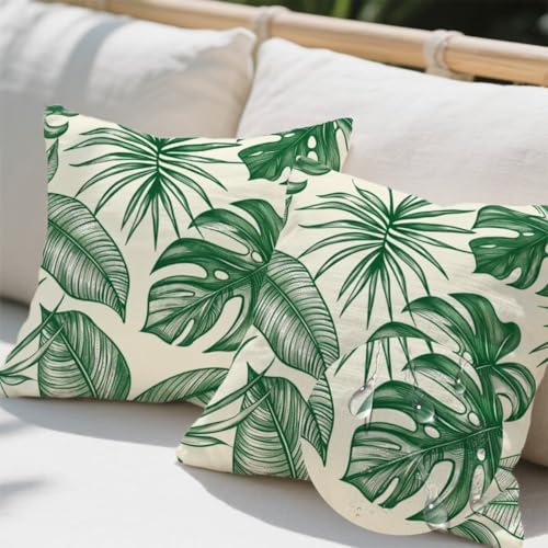 Kissenbezug 40 x 40 cm, Outdoor Kissen Blatt 2er Set Linen Kissenbezüge, Wetterfest Sofakissen mit Verstecktem Reißverschluss, Tropische Pflanzen Kissenbezug für Balkon Wohnzimmer Terrassen Deko e671 von Donpeer
