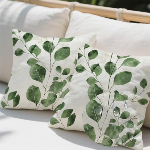 Kissenbezug 40 x 40 cm, Outdoor Kissen Eukalyptus 2er Set Velvet Kissenbezüge, Wetterfest Sofakissen mit Verstecktem Reißverschluss, Grünes Blatt Kissenbezug für Balkon Wohnzimmer Terrassen Deko e703 von Donpeer