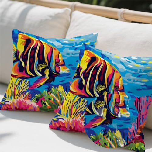 Kissenbezug 40 x 40 cm, Outdoor Kissen Fisch 2er Set Linen Kissenbezüge, Wetterfest Sofakissen mit Verstecktem Reißverschluss, Zierkissenbezüge Tier Kissenbezug für Couch Balkon Wohnzimmer Deko e707 von Donpeer