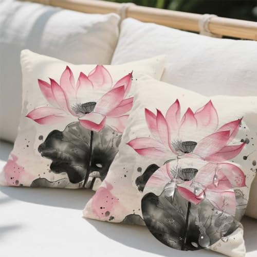 Kissenbezug 50 x 50 cm, Outdoor Kissen Chinesischer Stil 2er Set Linen Kissenbezüge, Wetterfest Sofakissen mit Verstecktem Reißverschluss, Lotus Kissenbezug für Balkon Wohnzimmer Terrassen Deko e721 Kissenbezug 50 x 50 cm, Outdoor Kissen Chinesischer Stil 2er Set Linen Kissenbezüge, Wetterfest Sofakissen mit Verstecktem Reißverschluss, Lotus Kissenbezug für Balkon Wohnzimmer Terrassen Deko e721 von Donpeer