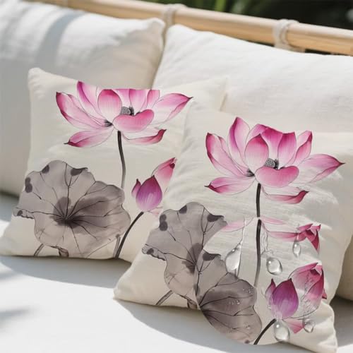 Kissenbezug 50 x 50 cm, Outdoor Kissen Chinesischer Stil 2er Set Linen Kissenbezüge, Wetterfest Sofakissen mit Verstecktem Reißverschluss, Lotus Kissenbezug für Balkon Wohnzimmer Terrassen Deko e723 Kissenbezug 50 x 50 cm, Outdoor Kissen Chinesischer Stil 2er Set Linen Kissenbezüge, Wetterfest Sofakissen mit Verstecktem Reißverschluss, Lotus Kissenbezug für Balkon Wohnzimmer Terrassen Deko e723 von Donpeer