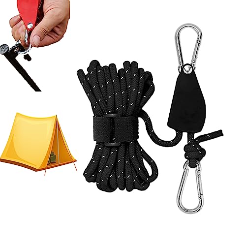 Donubiiu Windfestes Seil zur Einstellung der Riemenscheibe, Portable Pulley Camping Rope, Verstellbares Fix-Zelt, hochfestes, schnell lösendes Riemenscheiben-Campingseil für Zeltplane (Black,6mm*5M) von Donubiiu