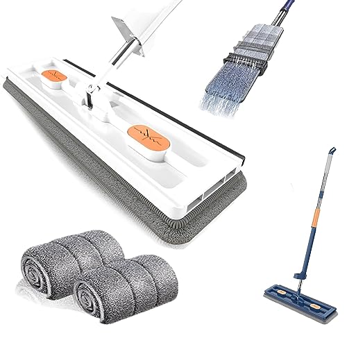 Großer Flachmopp, 360° Drehgelenk Bodenwischer Set Flachmopp mit Wiederverwendbaren Mikrofaser-Wischpads, eigenständiger Entwässerungsschabermopp (White+2Pads) von Donubiiu