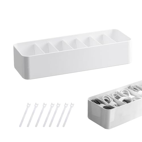 DoocliB Kabel Organizer Box,ohne Abdeckung,Datenkabel Organizer Weiß mit Verstellbaren Fächern,kabel aufbewahrungsbox mit 7 Kabelbindern für die Aufbewahrung auf dem Schreibtisch(1 stück) von DoocliB