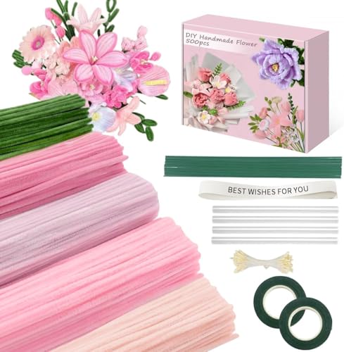 480 Stück Pfeifenreiniger für Handwerk, Mehrfarbig, DIY Blume Machen Kit Mit Chenille Blumenstiele, Gartenband, Band, Packpapier, Ideen für Kunst Aktivität (Rosa Tulpe) von Doolitt