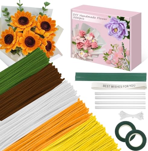 520 Stück Pfeifenreiniger für Handwerk, Mehrfarbig, DIY Blume Machen Kit Mit Chenille Blumenstiele, Gartenband, Band, Packpapier, Ideen für Kunst Aktivität (Sonnenblume) von Doolitt