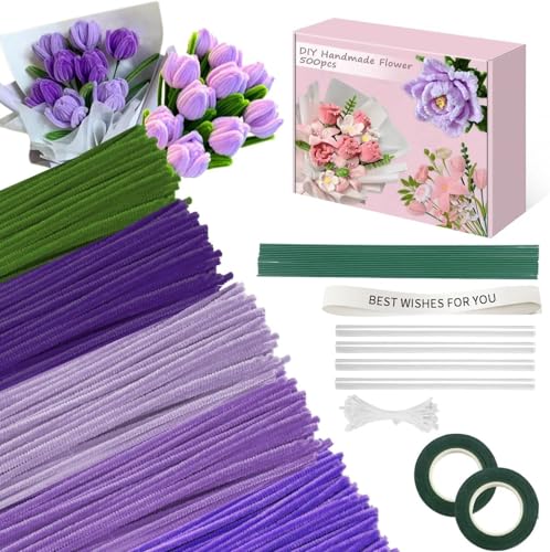400 Stück Pfeifenreiniger für Handwerk, Mehrfarbig, DIY Blume Machen Kit Mit Chenille Blumenstiele, Gartenband, Band, Packpapier, Ideen für Kunst Aktivität (Violette Tulpe) von Doolitt