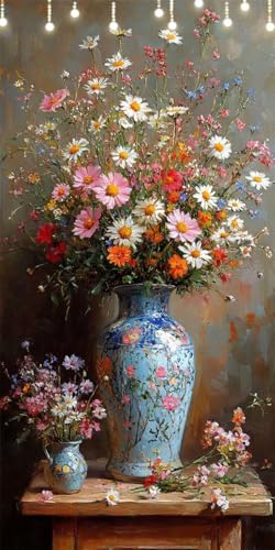 Malen Nach Zahlen Erwachsene Gänseblümchen Malen Nach Zahlen Vase, DIY Handgemalt Ölgemälde Kit für Anfänger und Erwachsene Mit Pinseln und Acrylfarbe, Ohne Rahmen, Wanddeko Wohnzimmer 80X160cm W6-191 von Doontiny