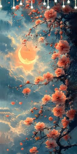 Malen Nach Zahlen Erwachsene Mond Malen Nach Zahlen Pfirsichblüte, DIY Handgemalt Ölgemälde Kit für Anfänger und Erwachsene Mit Pinseln und Acrylfarbe, Ohne Rahmen, Wanddeko Wohnzimmer 60X120cm W6-155 von Doontiny