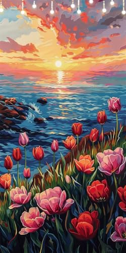 Malen Nach Zahlen Erwachsene Tulpe Malen Nach Zahlen Meer, DIY Handgemalt Ölgemälde Kit für Anfänger und Erwachsene Mit Pinseln und Acrylfarbe Ohne Rahmen, Wanddeko Wohnzimmer Geschenk 70X140cm W6-193 von Doontiny