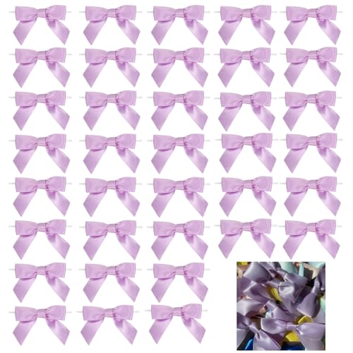 Dooozy 36 Stück 3.5" Satin Schleife, Mini Geschenkschleifen aus Vorgebunden Schleifen Satinband für Geschenk DIY Keks Bonbontüten Weihnachtsbaum Hochzeitsdeko(Hellviolett) von Dooozy