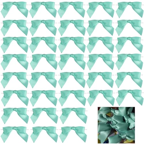 Dooozy 36 Stück 3.5" Satin Schleife, Mini Geschenkschleifen aus Vorgebunden Schleifen Satinband für Geschenk DIY Keks Bonbontüten Weihnachtsbaum Hochzeitsdeko(Pastellgrün) von Dooozy