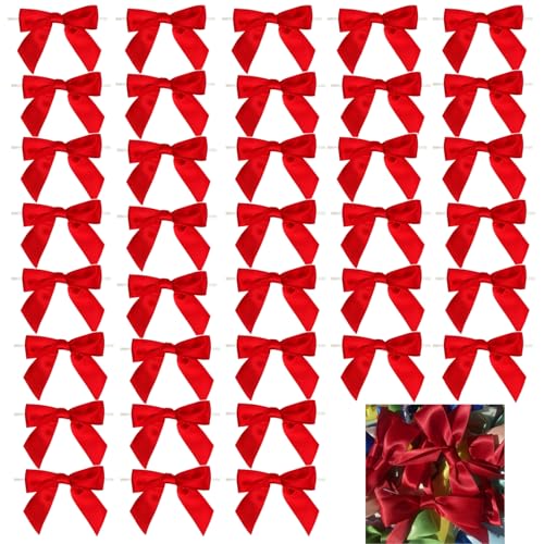 Dooozy 36 Stück 3.5" Satin Schleife, Mini Geschenkschleifen aus Vorgebunden Schleifen Satinband für Geschenk DIY Keks Bonbontüten Weihnachtsbaum Hochzeitsdeko(Rot) von Dooozy