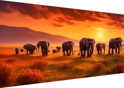 Diamond Painting Set für Enwachsene DIY 5D Sonnenuntergang Elefant Diamond Painting Bilder mit Runder Full Drill Groß Diamond Art Painting Kit für Home Wall Decor Geschenke 120x60cm/48x24in A-208 von Dooqon