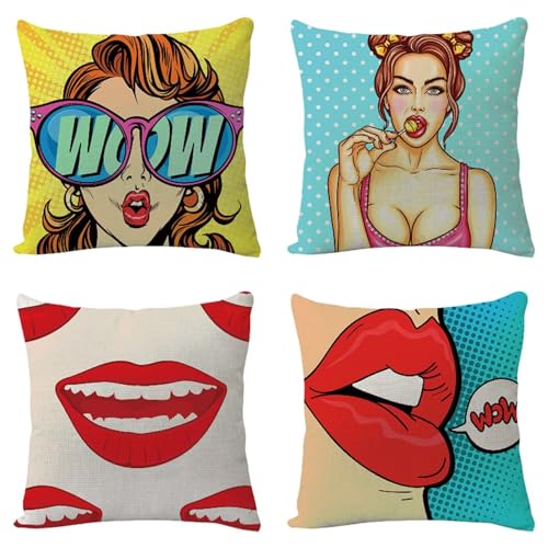 Dooqon Kissenbezug Porträt Rote Lippen Dekokissen Kissenhülle Doppelseitig Leinen Platz Kissenbezüge Bezug Handmade mit unsichtbarem Reißverschluss 40x40cm 4er Set für Wohnzimmerstuhl Sofa K-2991 von Dooqon