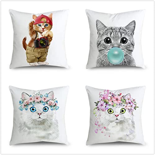 Dooqon Tierische Katze 4er Set 45x45cm Kissenbezüge doppelseitig HD-Druck Quadratische Sanft Wurf Kissenbezug Dekorative Geschenk Mit Unsichtbarem Reißverschluss Für Wohnzimmer, Sofa, Schlafzimmer von Dooqon