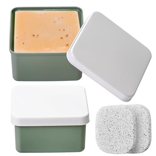 Quadratische Seifenschale, Reiseetui, 2er-Set, grüner Kunststoff-Seifenhalter mit Deckel, tragbare Seifenschale, Box mit Seifenschale, für Reisen, Fitnessstudio, Camping, Badezimmer von Dootafy