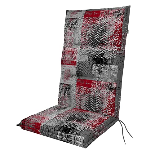 Doppler Hochlehner-Auflage Spot 118x48x5 cm – Weiches Gartenstuhl-Polster mit abstraktem Muster in Grau-Rot | Komfortable Sitzauflage mit Bindebändern für Balkon, Terrasse & Garten von Doppler