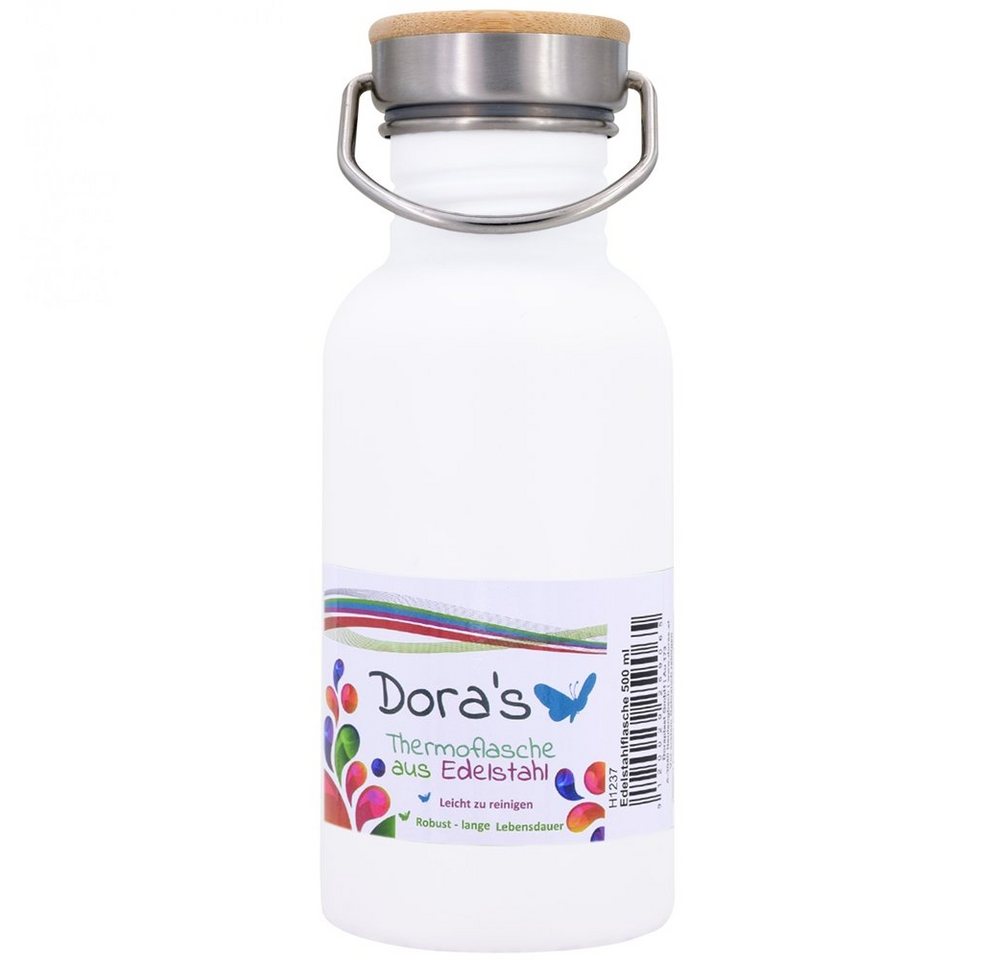 Dora's Trinkflasche Einwandige Retro Edelstahlflasche 500ml - Stahl, schwarz oder weiß von Dora's