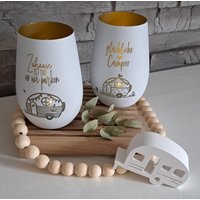 Windlicht Mit Gravur Glückliche Camper, Kristallglas, Kerzenständer Eingravierten Spruch, Geschenk, Mitbringsel, Deko, Wohnwagen von Dorasplotterwelt
