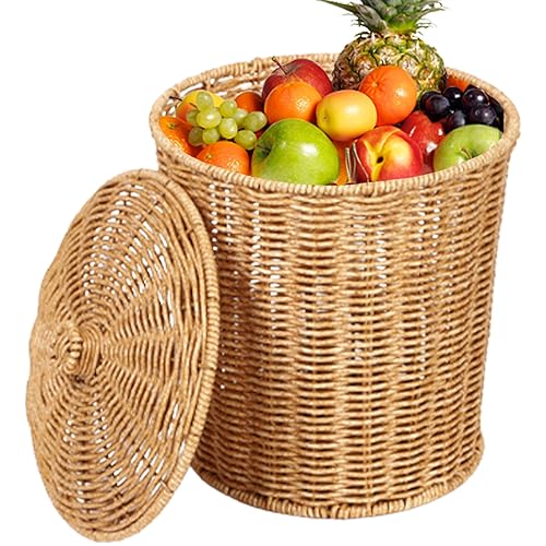 Korb-abfallkorb Rattan-abfallbehälter Weidenkorb Mit Deckel 22.9 X 27.9 Cm Schlichter Stil Korb-mülleimer Mit Deckel Runde Gewebte Wäschekörbe Für Schlafzimmer Wohnzimmer Und Badezimmer Heimdekoration von Dorccsi