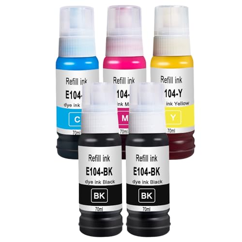 Doree 104 Tinte 1set 5Pack (2xSchwarz, Cyan, Magenta, Gelb) kompatibel für Epson 104 EcoTank Tintenflasche für Epson EcoTank ET-2710 ET-2711 ET-2712 ET-2714 ET-2715 ET-2720 ET-2726 ET-4700 von Doree