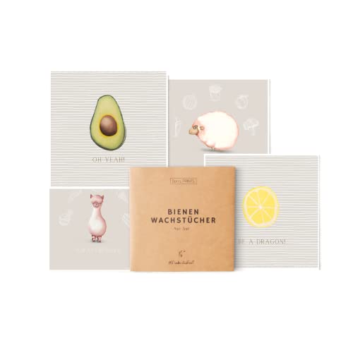 Bienenwachstücher 4er Set Wachstücher Bienenwachs Wraps illustriert und verpackt direkt von Künstlerin (Avocado Style) von Dori´s Prints