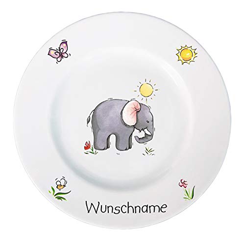 Doriantrade Frühstücksteller Kinderteller Teller Porzellan Elefant personalisierbar mit Wunschname Name Kindergeschirr mit Namen personalisiert von Doriantrade