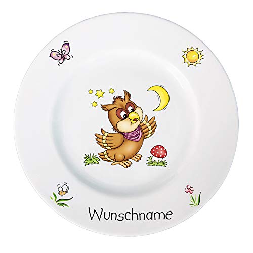 Doriantrade Frühstücksteller Kinderteller Teller Porzellan personalisierbar mit Wunschname Name Kindergeschirr mit Namen personalisiert (Eule) von Doriantrade