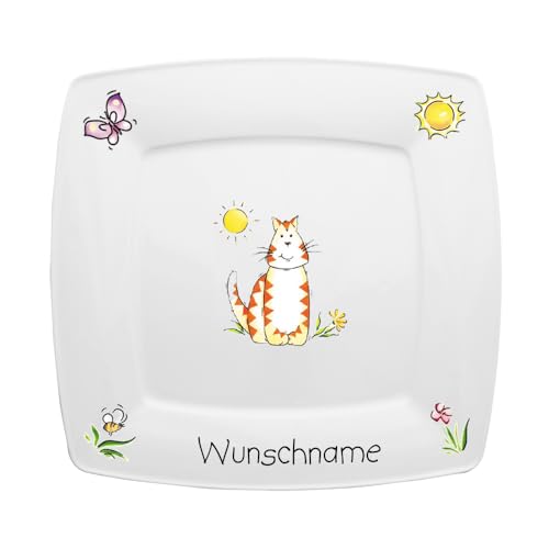 Doriantrade Frühstücksteller eckig Kinderteller Teller Porzellan Katze personalisierbar mit Wunschname Name Kindergeschirr mit Namen personalisiert von Doriantrade
