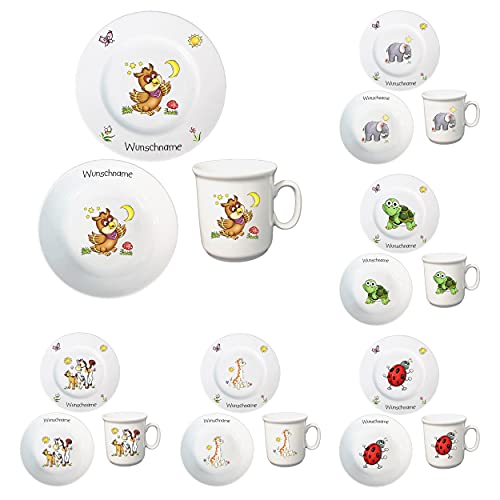 Kindergeschirr personalisiert - Frühstücksservice 3-tlg. Porzellan Teller Becher Schale personalisierbar mit Wunschname Name Frühstücksset mit Namen personalisiert (Eule) von Doriantrade