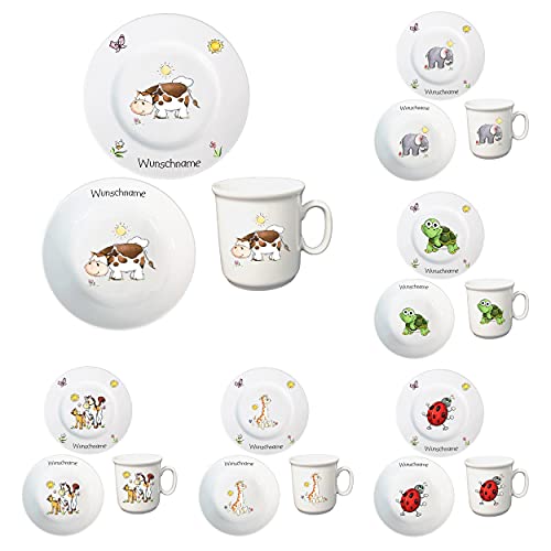 Kindergeschirr personalisiert - Frühstücksservice 3-tlg. Porzellan Teller Becher Schale personalisierbar mit Wunschname Name Frühstücksset mit Namen personalisiert (Kuh) von Doriantrade