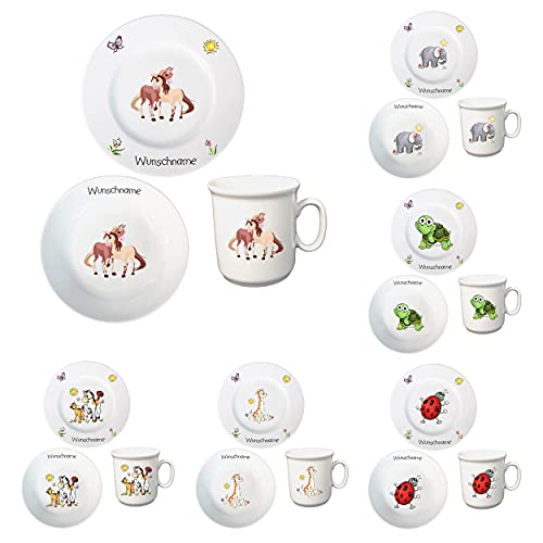 Kindergeschirr personalisiert - Frühstücksservice 3-tlg. Porzellan Teller Becher Schale personalisierbar mit Wunschname Name Frühstücksset mit Namen personalisiert (Pferde 2) von Doriantrade