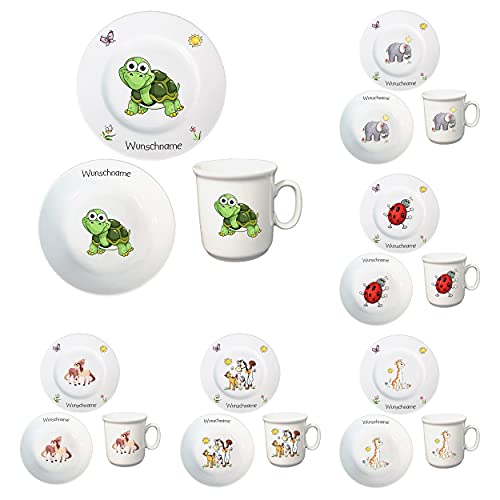 Kindergeschirr personalisiert - Frühstücksservice 3-tlg. Porzellan Teller Becher Schale personalisierbar mit Wunschname Name Frühstücksset mit Namen personalisiert (Schildkröte) von Doriantrade