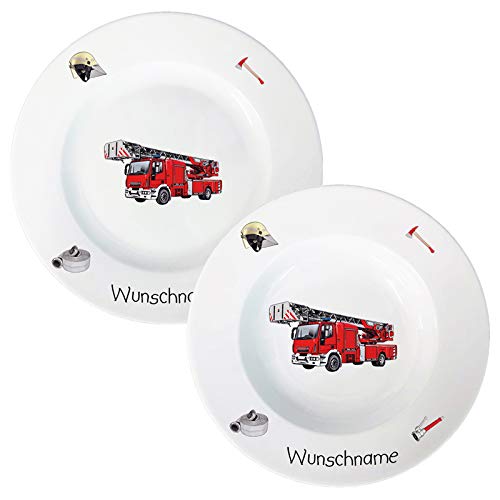 Kindergeschirr Feuerwehr Speiseservice 2-tlg. Suppenteller und Speiseteller Kinder Service Set aus Porzellan personalisierbar mit Wunschname Name Kindergeschirr mit Namen personalisiert von Doriantrade