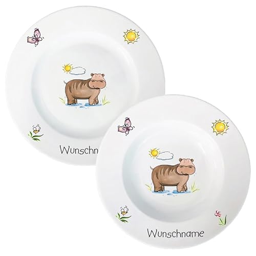 Doriantrade Kindergeschirr Nilpferd Speiseservice 2-tlg. Suppenteller und Speiseteller Kinder Service Set aus Porzellan personalisierbar mit Wunschname Name Kindergeschirr mit Namen personalisiert von Doriantrade