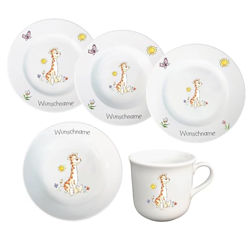 Kindergeschirr Tiere Kinderservice 5-tlg. Giraffe Kinder Service Set aus Porzellan Teller Becher Schale personalisierbar mit Wunschname Name Kindergeschirr mit Namen personalisiert von Doriantrade