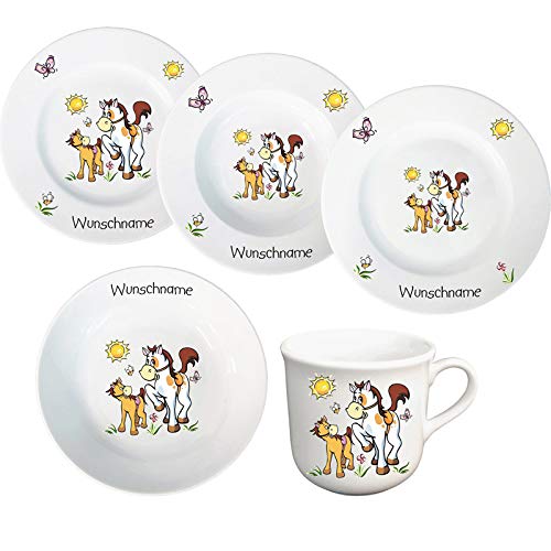 Kindergeschirr Tiere Kinderservice 5-tlg. Pferde Kinder Service Set aus Porzellan Teller Becher Schale personalisierbar mit Wunschname Name Kindergeschirr mit Namen personalisiert von Doriantrade