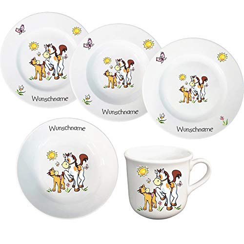 Kindergeschirr personalisiert - Kinderservice 5-tlg. Kinder Service Set aus Porzellan Teller Becher Schale personalisierbar mit Wunschname Name Kindergeschirr mit Namen personalisiert (Pferde) von Doriantrade