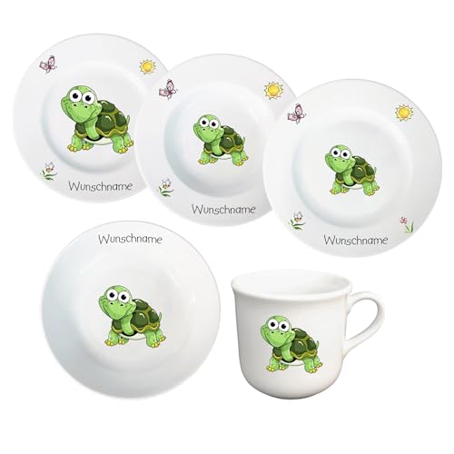 Kindergeschirr Tiere Kinderservice 5-tlg. Schildkröte Kinder Service Set aus Porzellan Teller Becher Schale personalisierbar mit Wunschname Name Kindergeschirr mit Namen personalisiert von Doriantrade