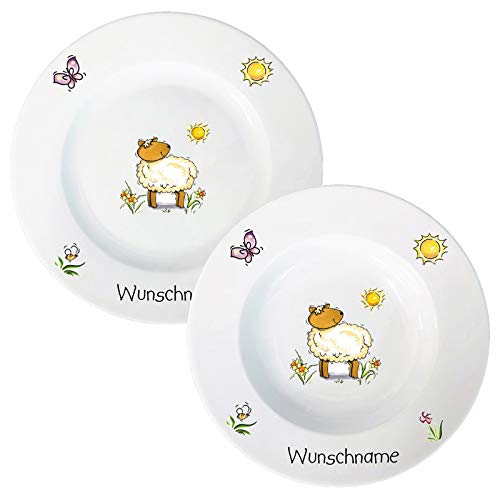 Kindergeschirr Tiere Speiseservice 2-tlg. Suppenteller und Speiseteller Lamm Kinder Service Set aus Porzellan personalisierbar mit Wunschname Name Kindergeschirr mit Namen personalisiert von Doriantrade