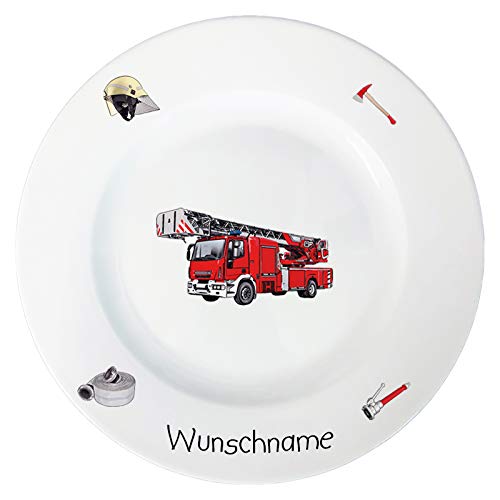 Doriantrade Speiseteller 27cm Kinderteller Teller Porzellan Feuerwehr personalisierbar mit Wunschname Name Kindergeschirr mit Namen personalisiert von Doriantrade
