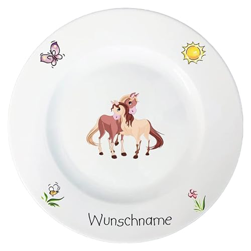 Doriantrade Speiseteller 27cm Kinderteller Teller Porzellan personalisierbar mit Wunschname Name Kindergeschirr mit Namen personalisiert (Pferde 2) von Majen