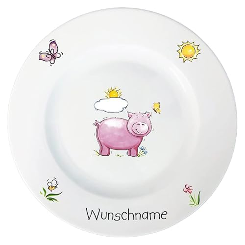 Doriantrade Speiseteller 27cm Kinderteller Teller Porzellan Schwein personalisierbar mit Wunschname Name Kindergeschirr mit Namen personalisiert von Doriantrade