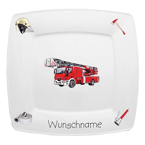 Doriantrade Speiseteller eckig 26cm Kinderteller Teller Porzellan Feuerwehr personalisierbar mit Wunschname Name Kindergeschirr mit Namen personalisiert von Doriantrade