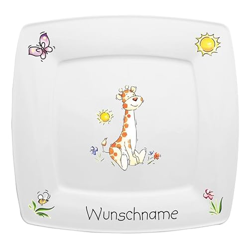 Doriantrade Speiseteller eckig 26cm Kinderteller Teller Porzellan Giraffe personalisierbar mit Wunschname Name Kindergeschirr mit Namen personalisiert von Doriantrade