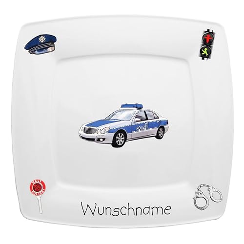 Doriantrade Speiseteller eckig 26cm Kinderteller Teller Porzellan Polizei personalisierbar mit Wunschname Name Kindergeschirr mit Namen personalisiert von Doriantrade
