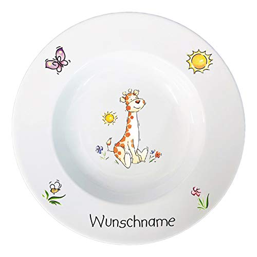 Doriantrade Suppenteller 22cm Kinderteller Teller Porzellan personalisierbar mit Wunschname Name Kindergeschirr mit Namen personalisiert (Giraffe) von Doriantrade