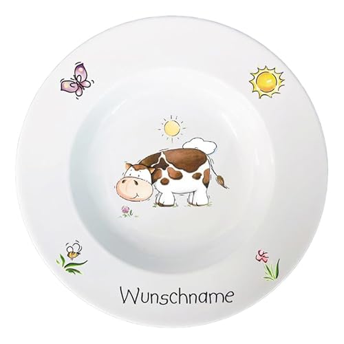 Doriantrade Suppenteller 22cm Kinderteller Teller Porzellan Kuh personalisierbar mit Wunschname Name Kindergeschirr mit Namen personalisiert von Doriantrade