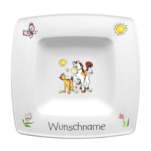 Doriantrade Suppenteller eckig 22cm Kinderteller Teller Porzellan Pferde personalisierbar mit Wunschname Name Kindergeschirr mit Namen personalisiert von Doriantrade